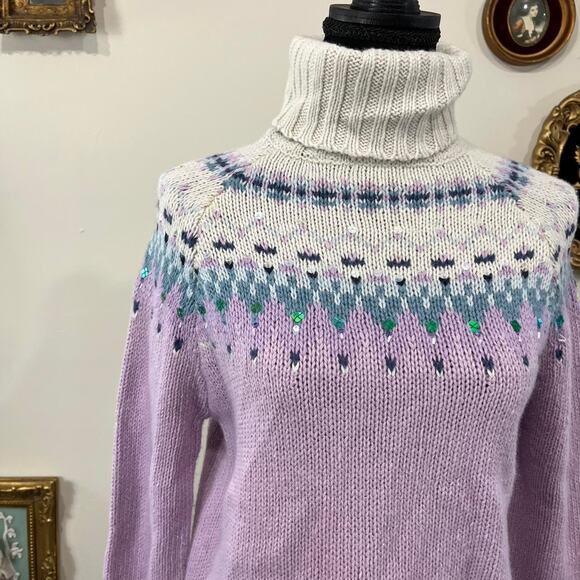Vintage Y2K Rue 21 Lilac Fair Isle Sequin Knit Turtleneck Sweater Bell Sleeves - Picture 2 of 6